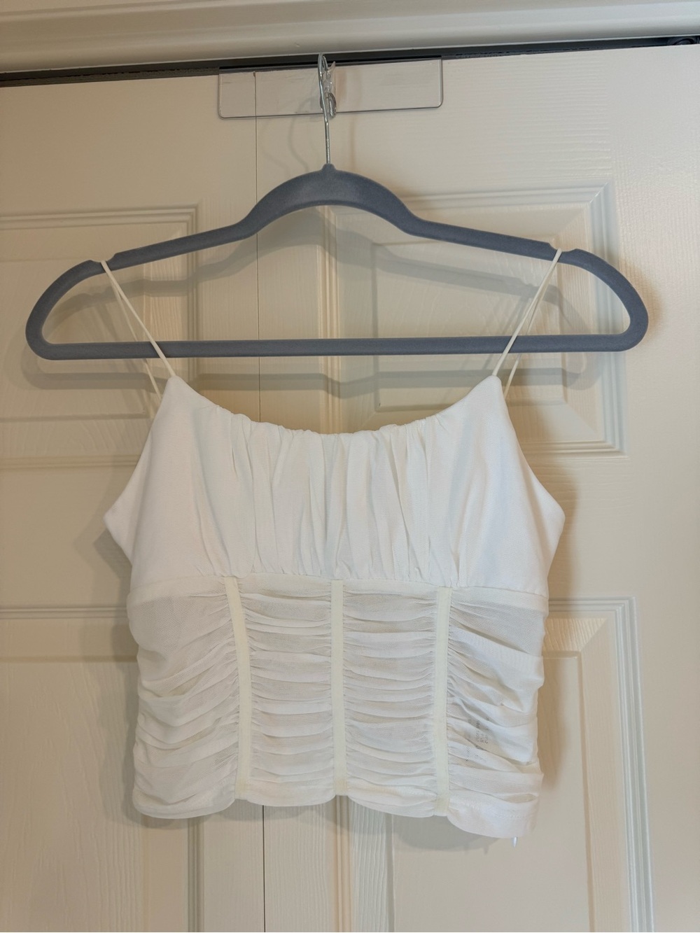 White Ruched Spaghetti Strap Crop Top - Hello Molly